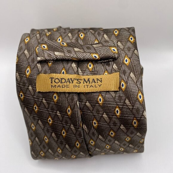 Vintage Today's Man 100% Silk Tan Gold & Blue Tie Made in Italy 60"x4" #386 - Picture 5 of 7